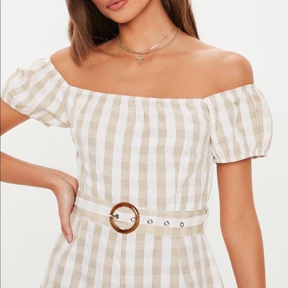 Missguided Stone Gingham Bardot Belt Romper - Picture 2 of 4
